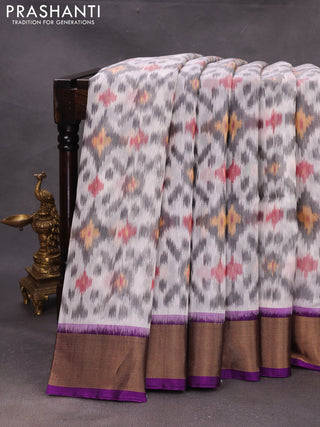 Off White & Purple Ikat Silk Cotton Saree