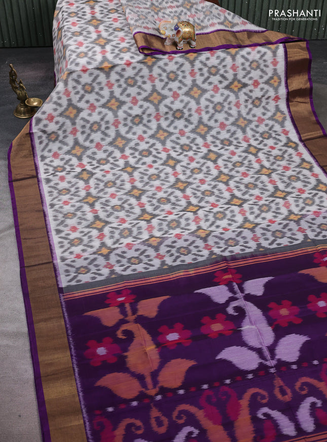 Off White & Purple Ikat Silk Cotton Saree