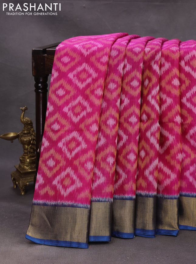 Pink & Peacock Blue Ikat Silk Cotton Saree