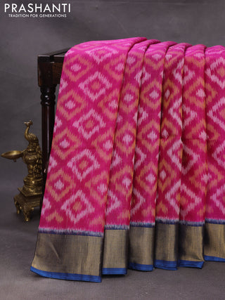 Pink & Peacock Blue Ikat Silk Cotton Saree