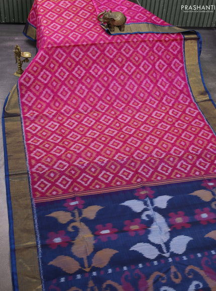 Pink & Peacock Blue Ikat Silk Cotton Saree