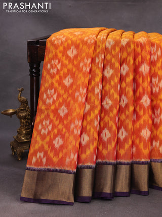 Mustard Yellow & Violet Ikat Silk Cotton Saree