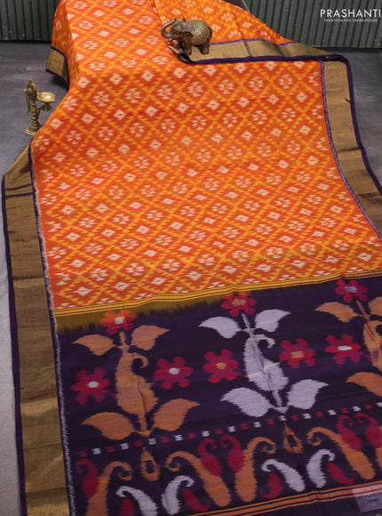 Mustard Yellow & Violet Ikat Silk Cotton Saree