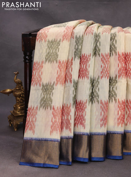 Pale Yellow & Peacock Blue Ikat Silk Cotton Saree
