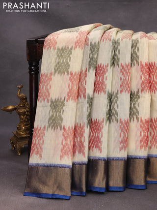 Pale Yellow & Peacock Blue Ikat Silk Cotton Saree