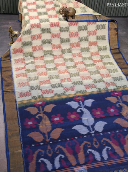 Pale Yellow & Peacock Blue Ikat Silk Cotton Saree