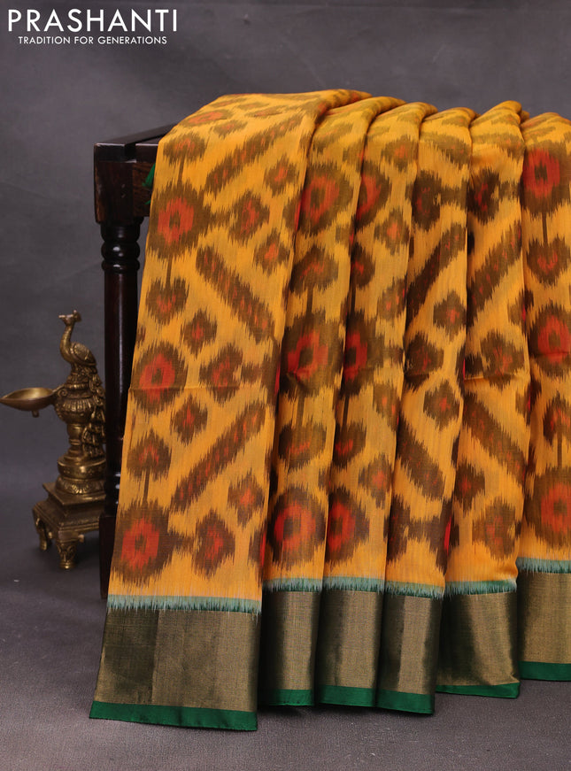 Peach Orange & Green Ikat Silk Cotton Saree