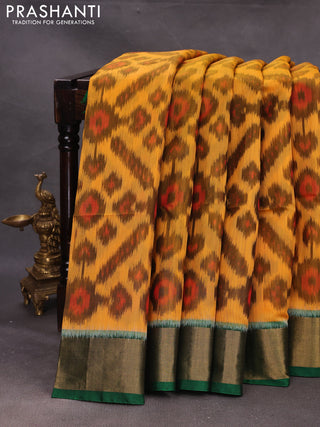 Peach Orange & Green Ikat Silk Cotton Saree