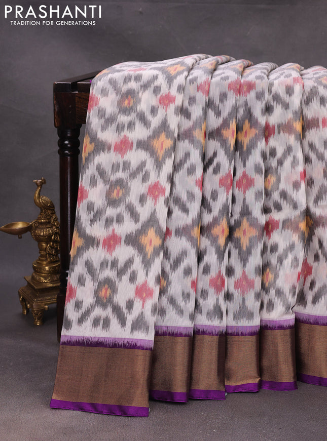 Off White & Purple Ikat Silk Cotton Saree