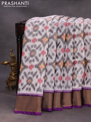 Off White & Purple Ikat Silk Cotton Saree