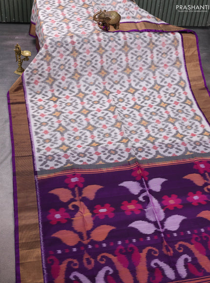 Off White & Purple Ikat Silk Cotton Saree