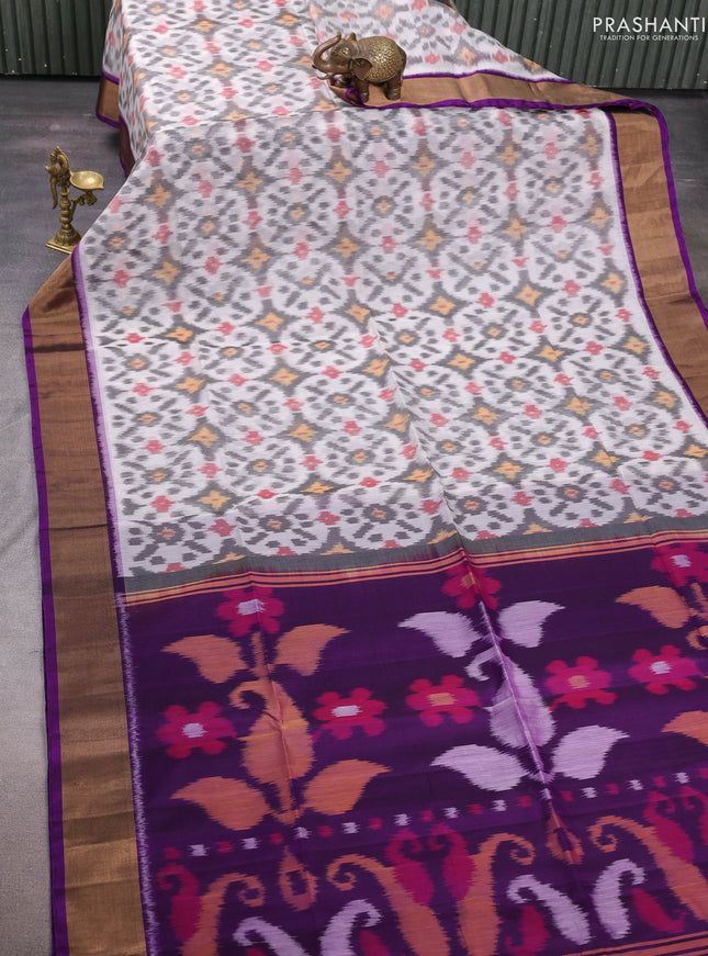 Off White & Purple Ikat Silk Cotton Saree