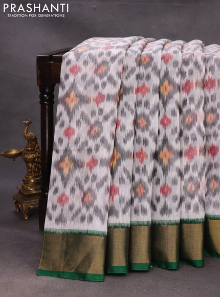 Off White & Green Ikat Silk Cotton Saree