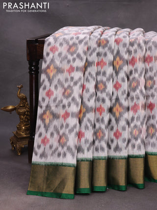 Off White & Green Ikat Silk Cotton Saree