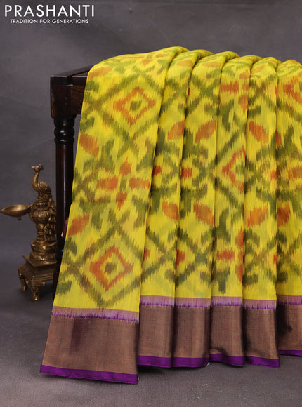 Lime Yellow & Purple Ikat Silk Cotton Saree