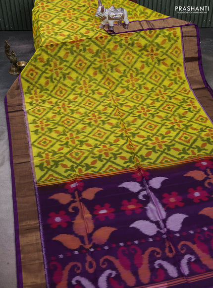 Lime Yellow & Purple Ikat Silk Cotton Saree
