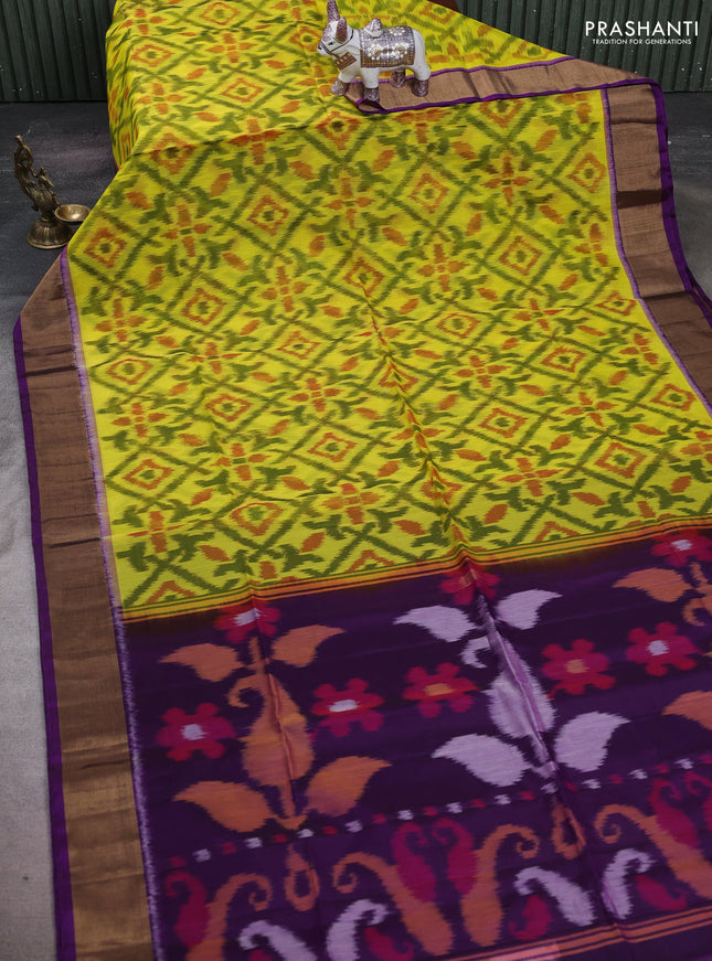Lime Yellow & Purple Ikat Silk Cotton Saree