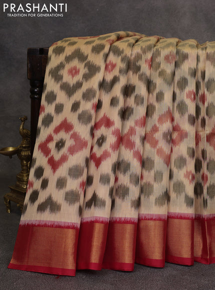 Beige & Red Ikat Silk Cotton Saree