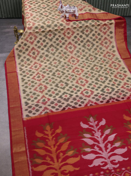 Beige & Red Ikat Silk Cotton Saree