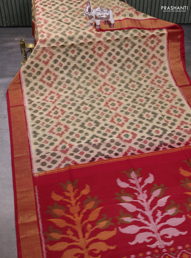 Beige & Red Ikat Silk Cotton Saree