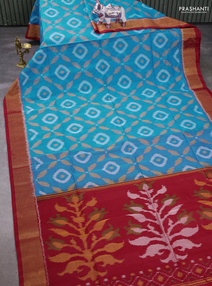Cs Blue & Red Ikat Silk Cotton Saree