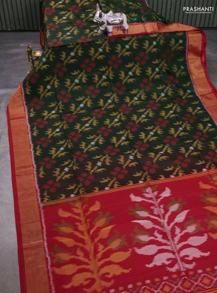 Green & Red Ikat Silk Cotton Saree