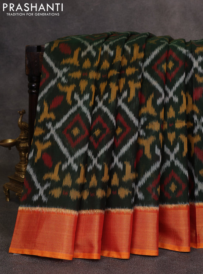 Green & Mustard Yellow Ikat Silk Cotton Saree