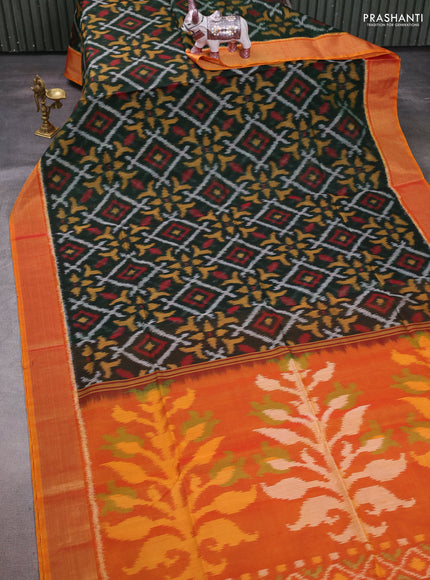 Green & Mustard Yellow Ikat Silk Cotton Saree