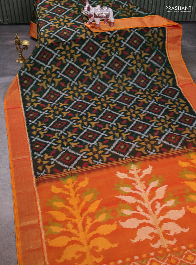 Green & Mustard Yellow Ikat Silk Cotton Saree