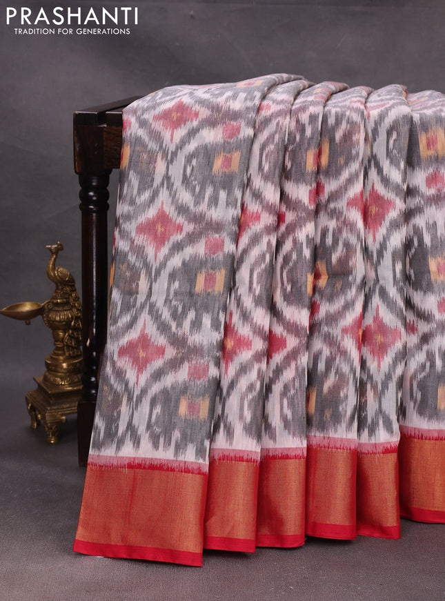 Grey & Red Ikat Silk Cotton Saree