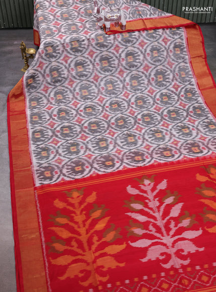 Grey & Red Ikat Silk Cotton Saree
