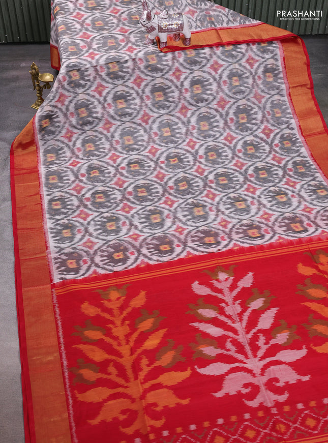 Grey & Red Ikat Silk Cotton Saree