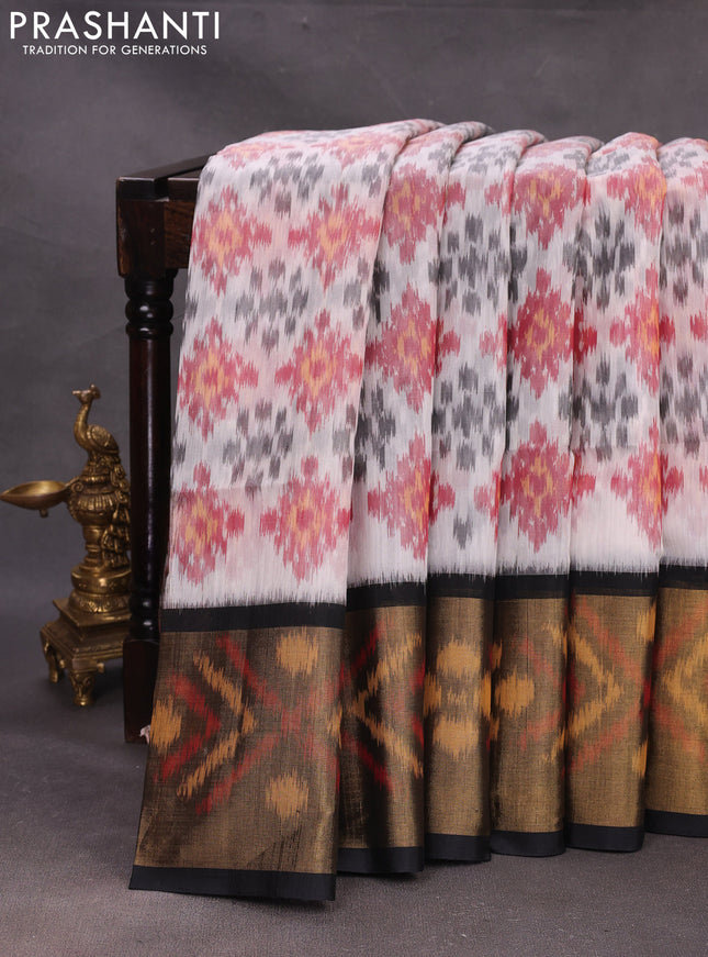 Off White & Black Ikat Silk Cotton Saree