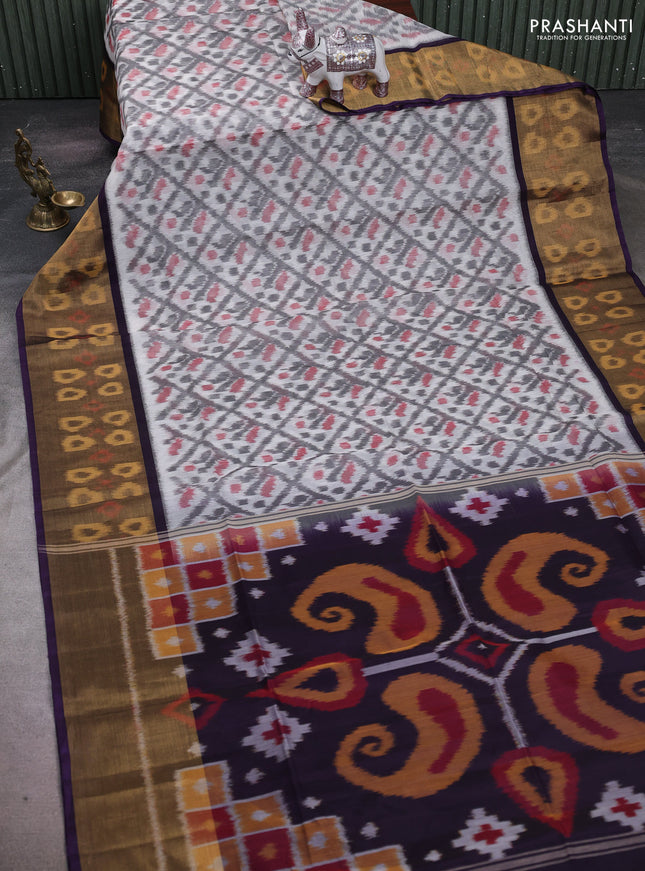 Off White & Violet Ikat Silk Cotton Saree