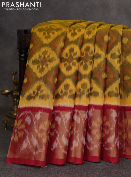 Mustard Yellow & Red Ikat Silk Cotton Saree