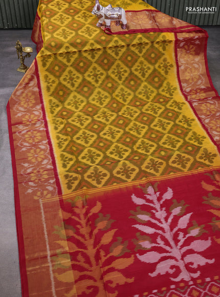Mustard Yellow & Red Ikat Silk Cotton Saree
