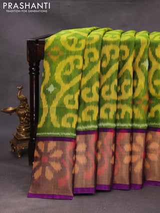 Lime Green & Purple Ikat Silk Cotton Saree