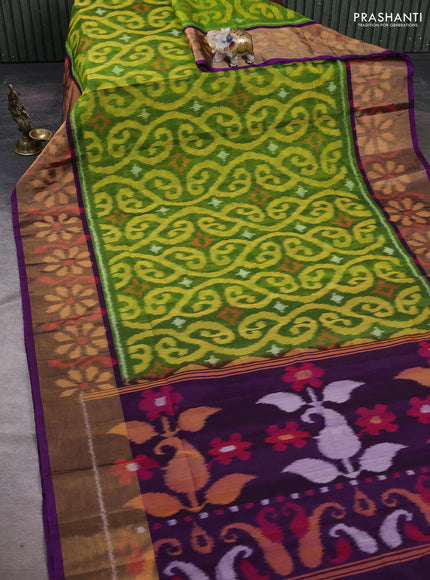 Lime Green & Purple Ikat Silk Cotton Saree