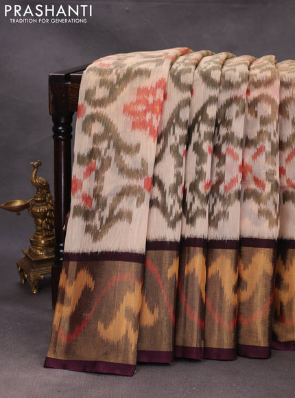Beige & Coffee Brown Ikat Silk Cotton Saree