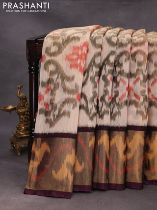 Beige & Coffee Brown Ikat Silk Cotton Saree
