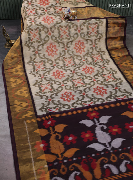 Beige & Coffee Brown Ikat Silk Cotton Saree