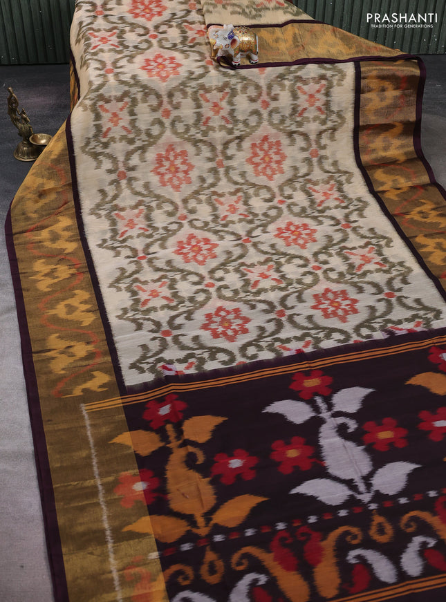 Beige & Coffee Brown Ikat Silk Cotton Saree
