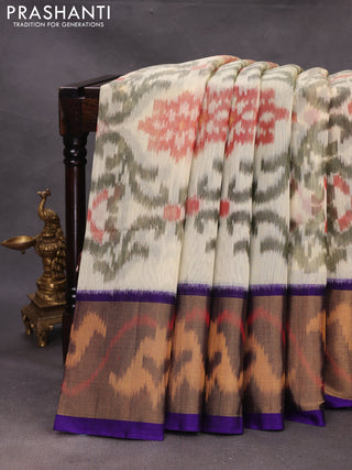 Pale Yellow & Violet Ikat Silk Cotton Saree