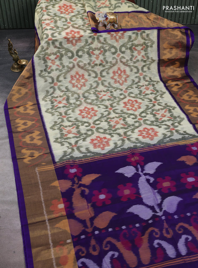 Pale Yellow & Violet Ikat Silk Cotton Saree