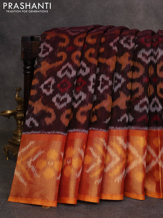 Coffee Brown & Mustard Yellow Ikat Silk Cotton Saree
