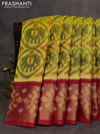 Lime Green & Red Ikat Silk Cotton Saree