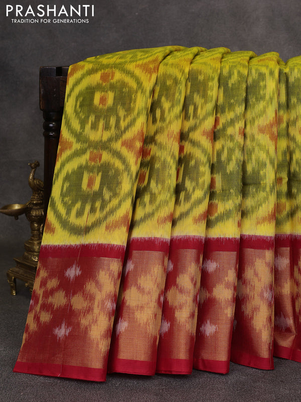 Lime Green & Red Ikat Silk Cotton Saree