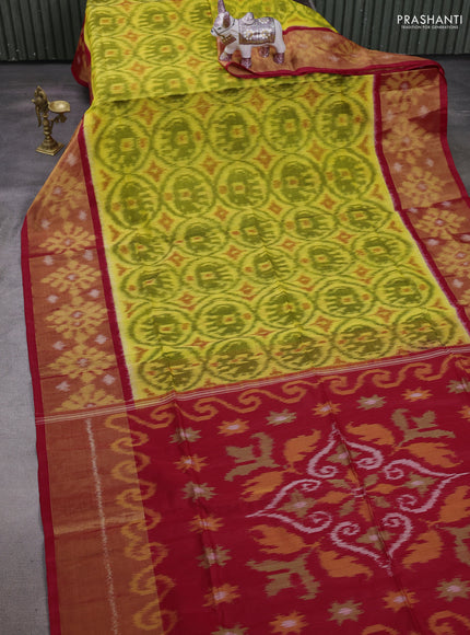 Lime Green & Red Ikat Silk Cotton Saree