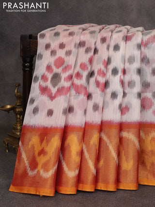 Off White & Mustard Yellow Ikat Silk Cotton Saree