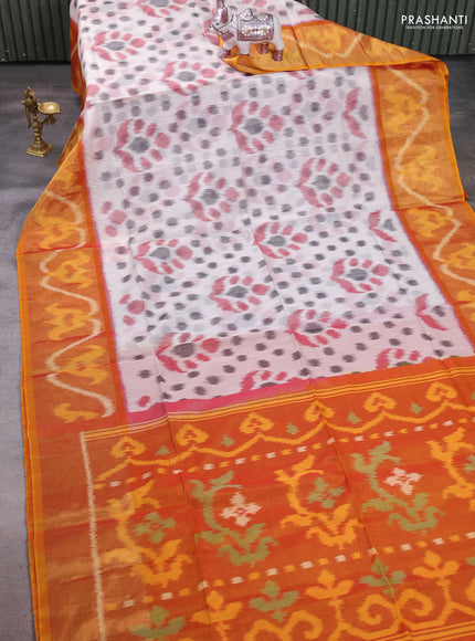 Off White & Mustard Yellow Ikat Silk Cotton Saree